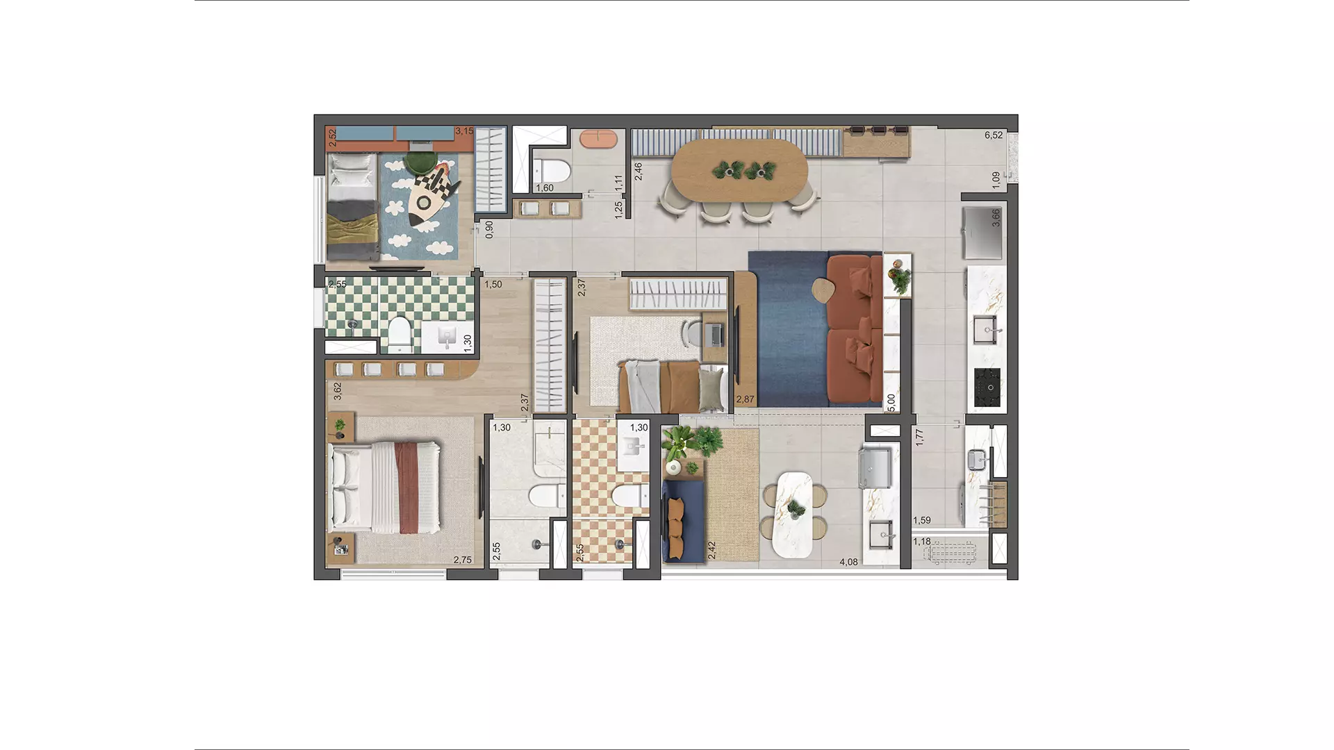 97 Apartamento 97 metros com 3 Suítes e Lavabo, 2 Vagas com Depósito